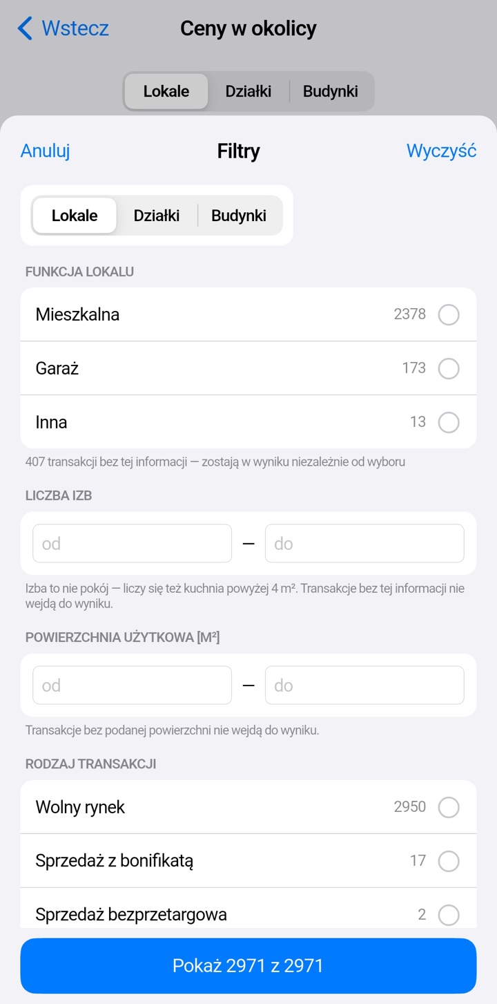 Filtry cen: funkcja lokalu, liczba izb, powierzchnia i rodzaj transakcji