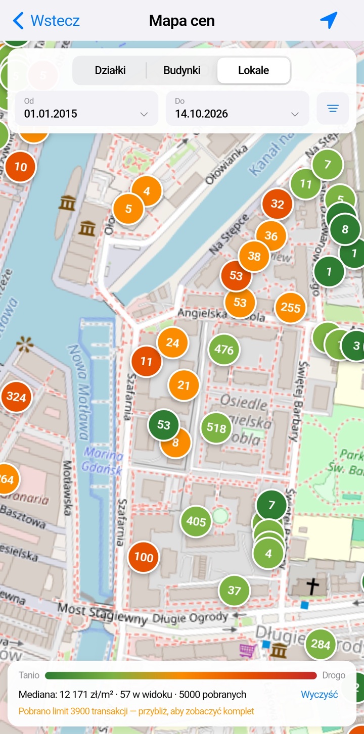 Mapa cen w Gdańsku: kolorowe kropki z liczbą transakcji pod każdym adresem