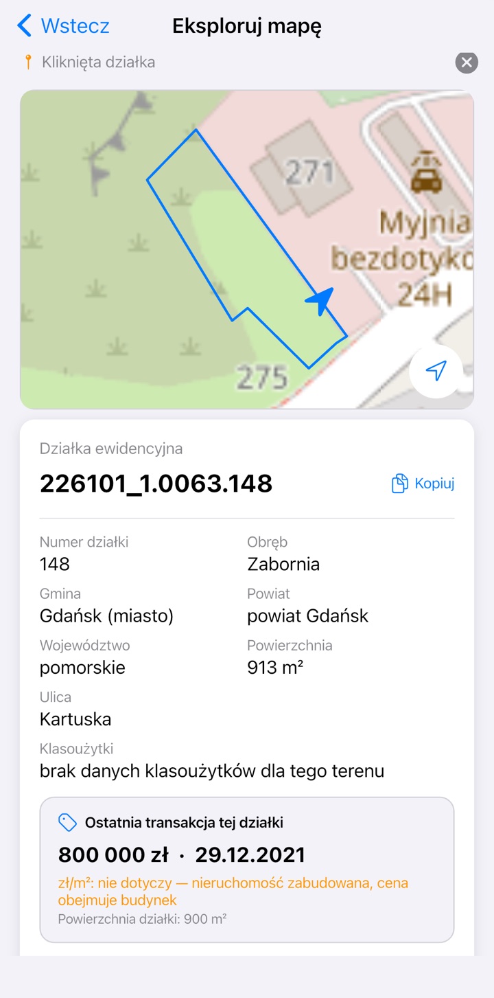 Raport działki: granice na mapie, identyfikator TERYT, obręb, gmina, powierzchnia i ostatnia transakcja