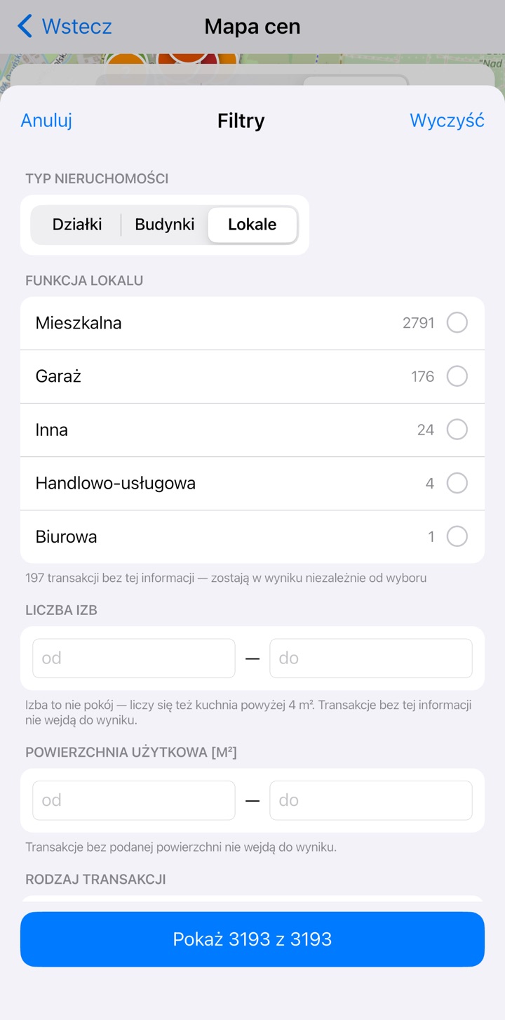 Filtry mapy cen: typ nieruchomości, funkcja lokalu z liczbą transakcji, liczba izb i powierzchnia użytkowa